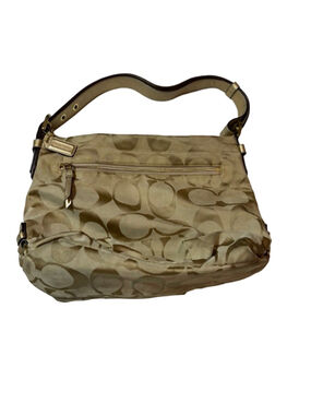 Coach Signature Khaki Tan Gold Duffle Shoulder Bag Canvas Leather flaw